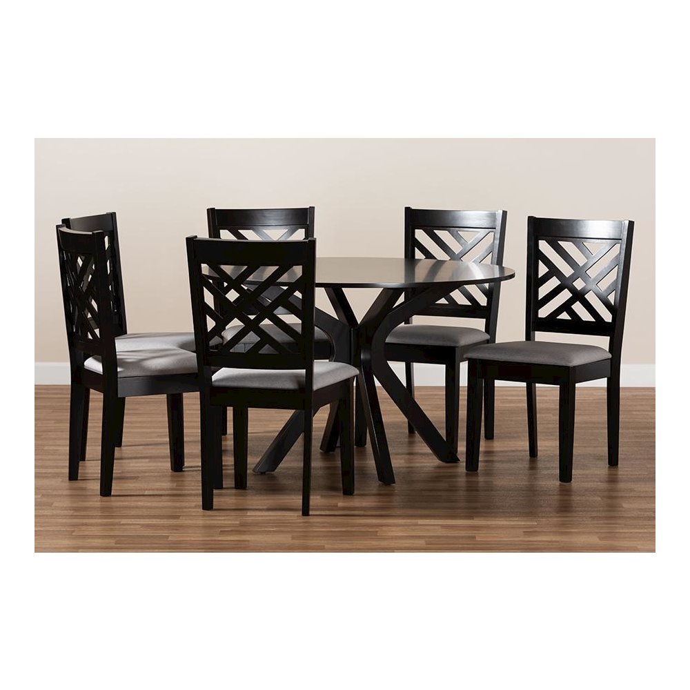 Grey Fabric Upholstered and Dark Brown Finished Wood 7-Piece Dining Set