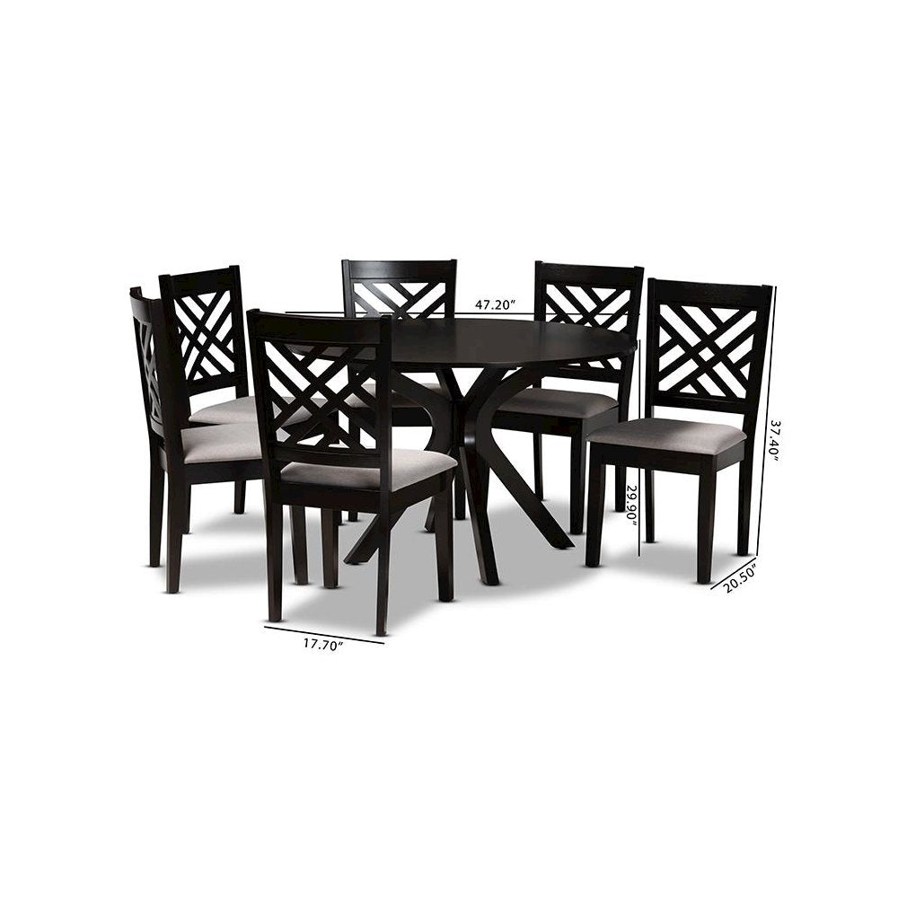 Grey Fabric Upholstered and Dark Brown Finished Wood 7-Piece Dining Set