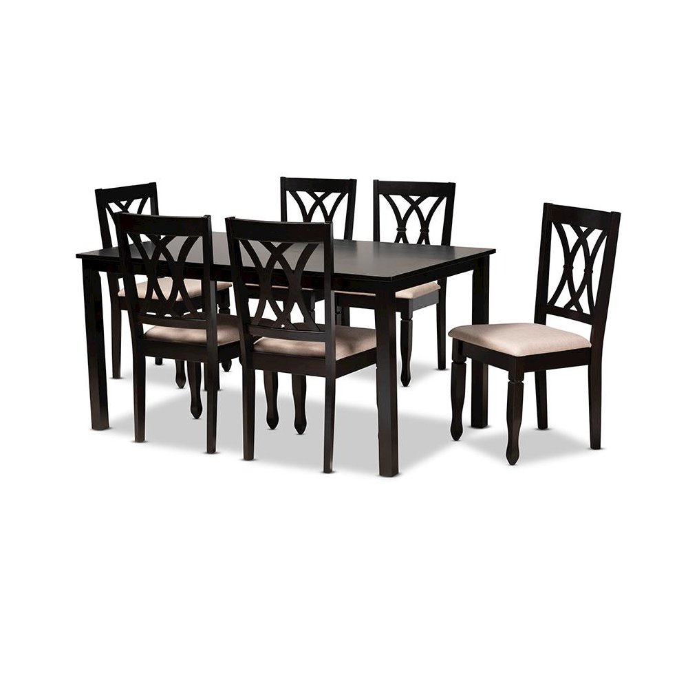 Sand Fabric Upholstered Espresso Brown Finished Wood 7-Piece Dining Set