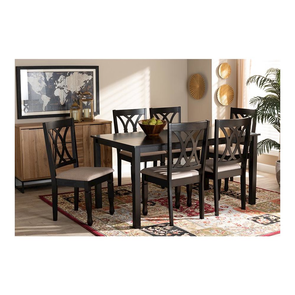Sand Fabric Upholstered Espresso Brown Finished Wood 7-Piece Dining Set