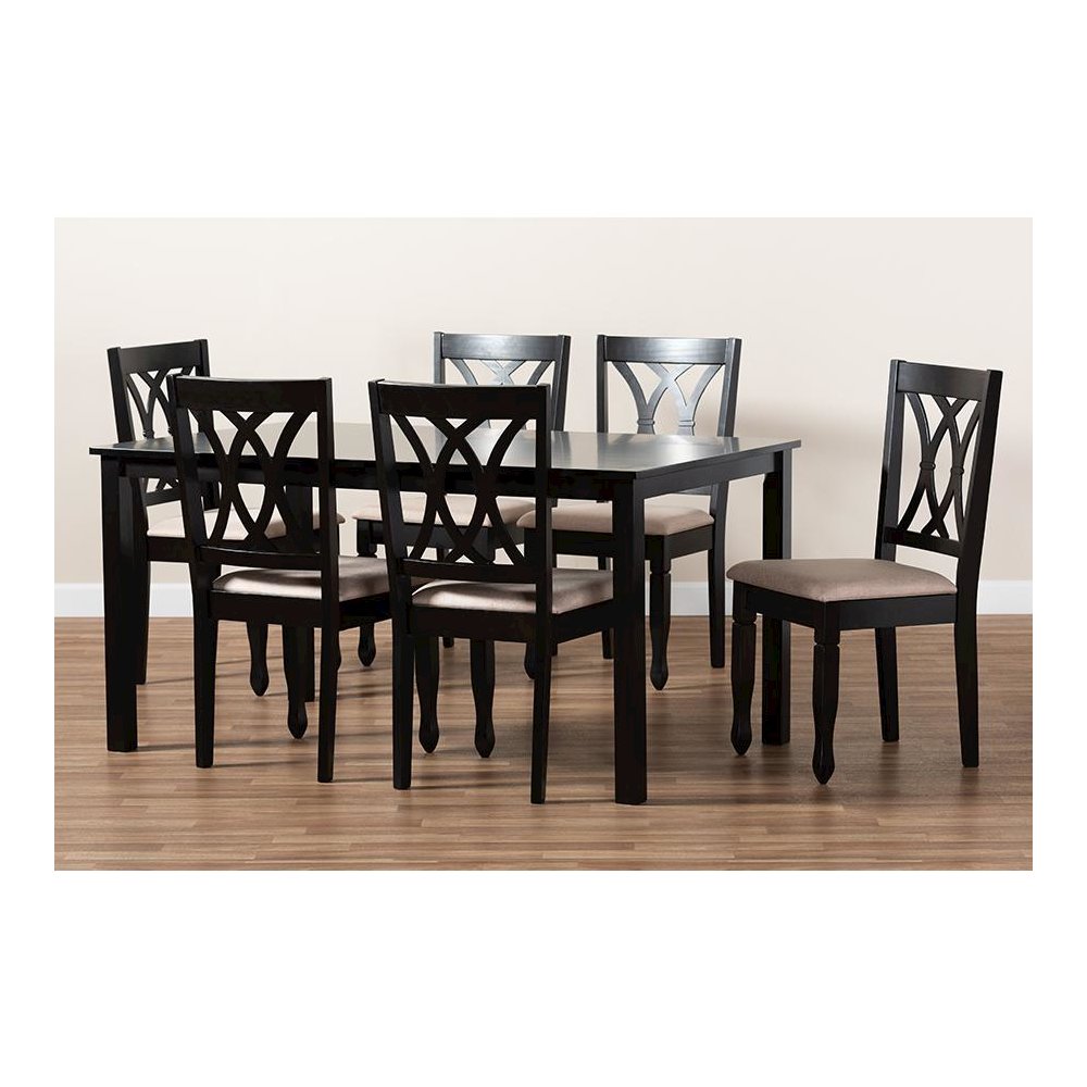 Sand Fabric Upholstered Espresso Brown Finished Wood 7-Piece Dining Set