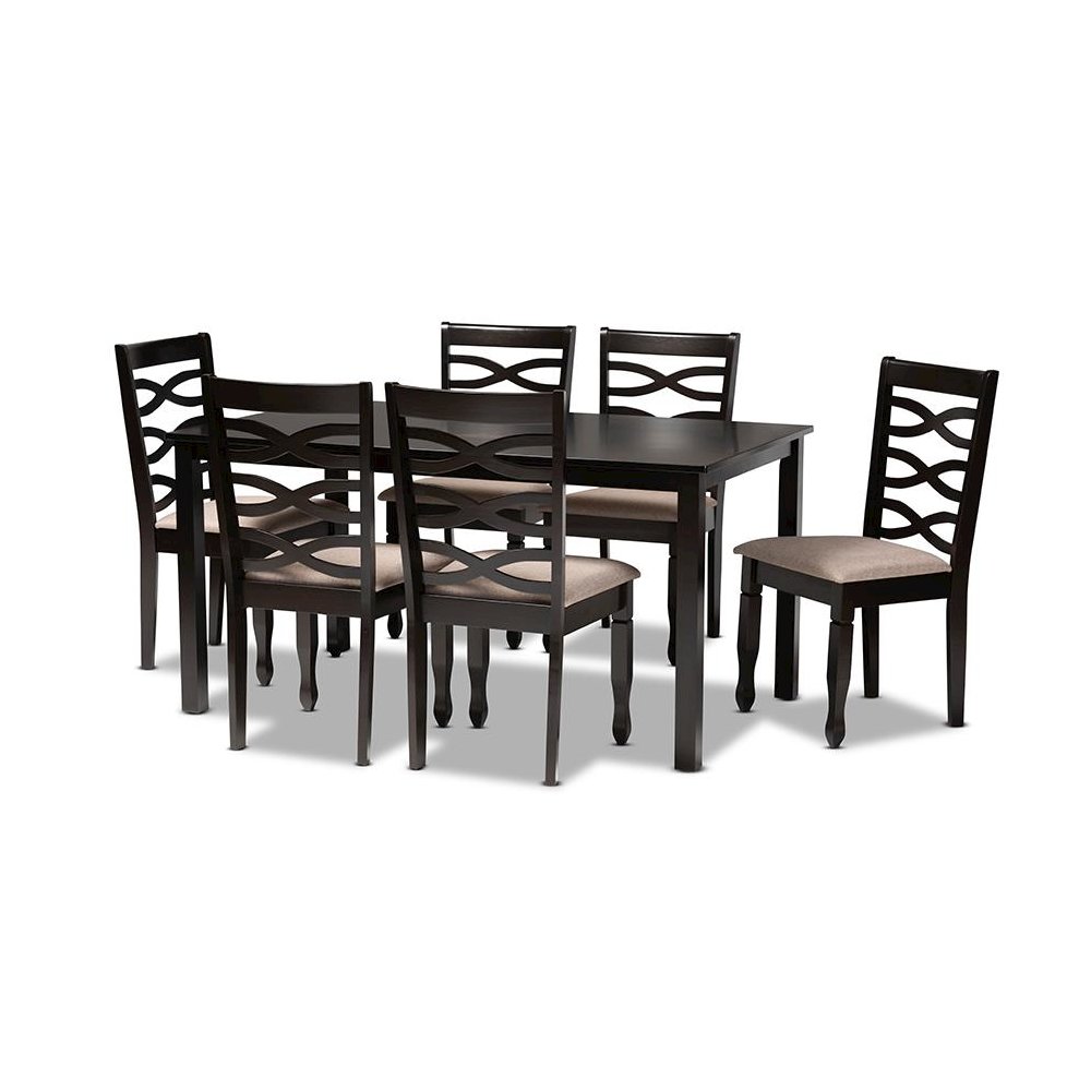 Sand Fabric Upholstered Dark Brown Finished Wood 7-Piece Dining Set