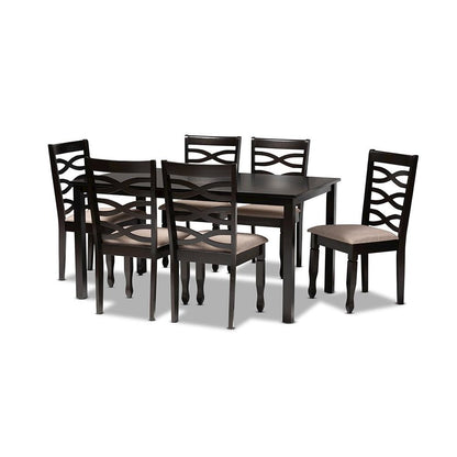 Sand Fabric Upholstered Dark Brown Finished Wood 7-Piece Dining Set
