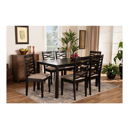 Sand Fabric Upholstered Dark Brown Finished Wood 7-Piece Dining Set