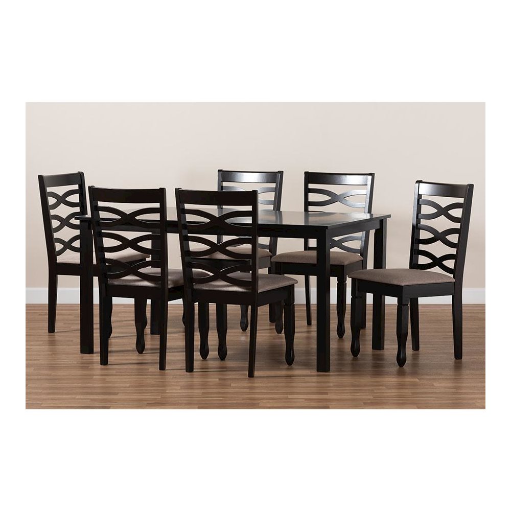 Sand Fabric Upholstered Dark Brown Finished Wood 7-Piece Dining Set