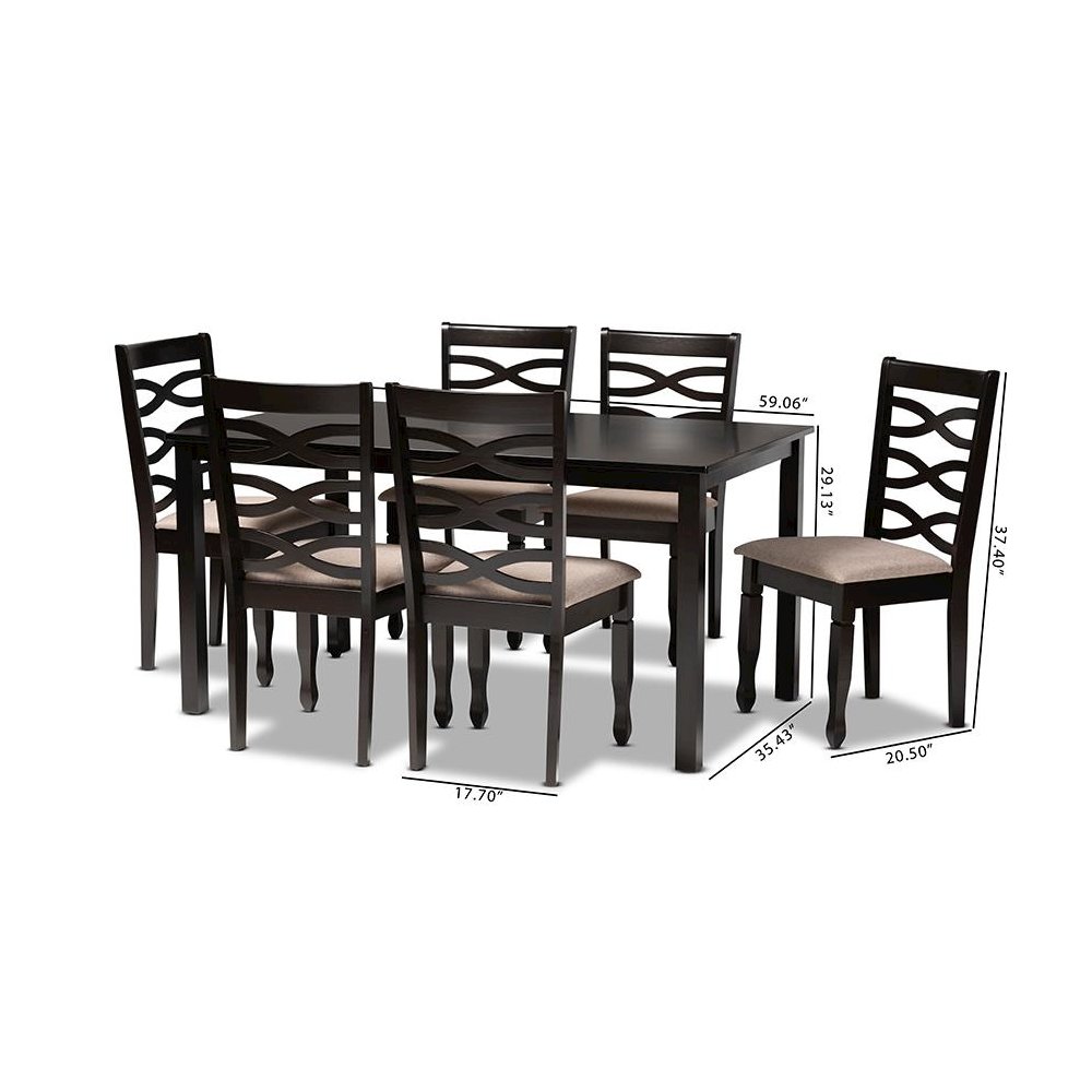 Sand Fabric Upholstered Dark Brown Finished Wood 7-Piece Dining Set