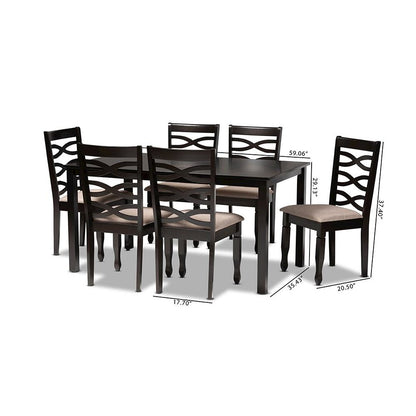 Sand Fabric Upholstered Dark Brown Finished Wood 7-Piece Dining Set