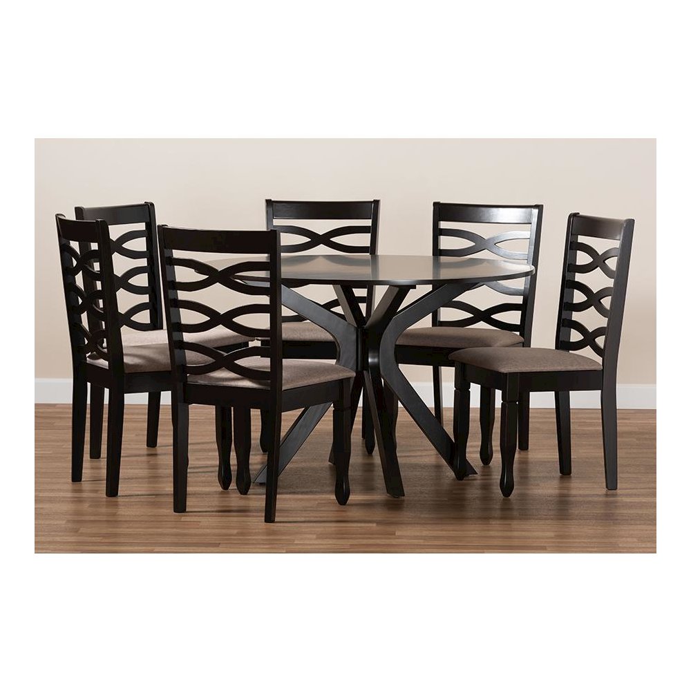 Sand Fabric Upholstered Dark Brown Finished Wood 7-Piece Dining Set