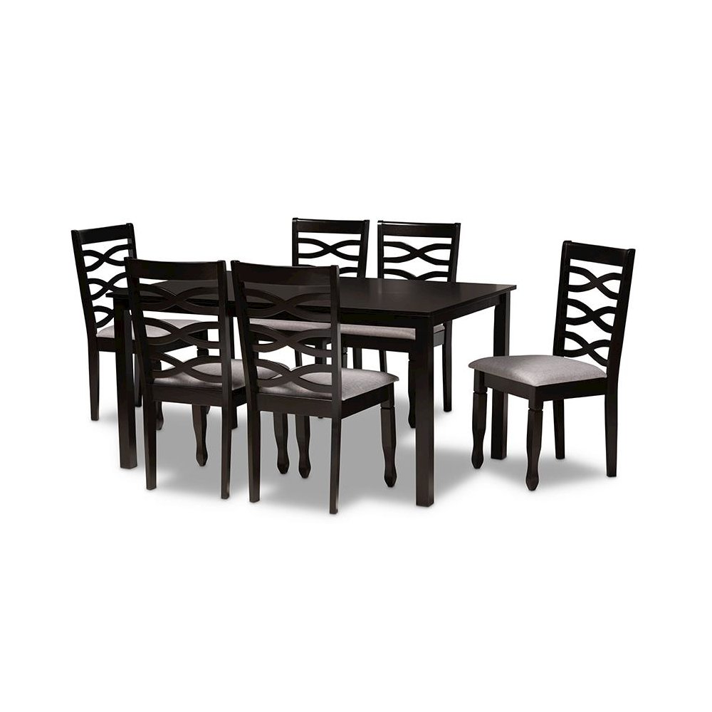Grey Fabric Upholstered and Dark Brown Finished Wood 7-Piece Dining Set