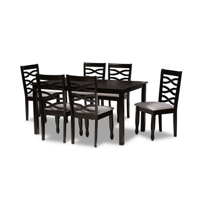 Grey Fabric Upholstered and Dark Brown Finished Wood 7-Piece Dining Set
