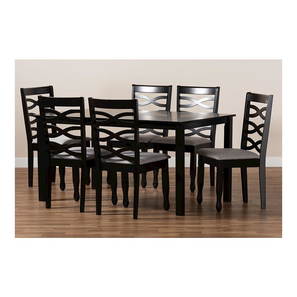 Grey Fabric Upholstered and Dark Brown Finished Wood 7-Piece Dining Set