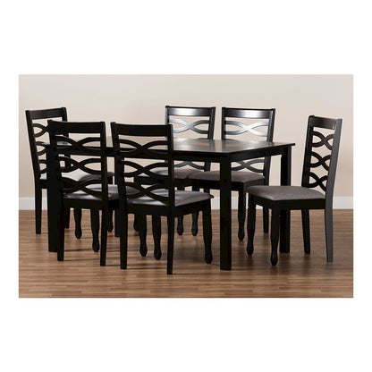 Grey Fabric Upholstered and Dark Brown Finished Wood 7-Piece Dining Set