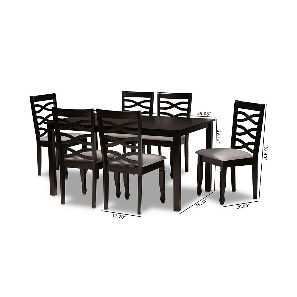 Grey Fabric Upholstered and Dark Brown Finished Wood 7-Piece Dining Set