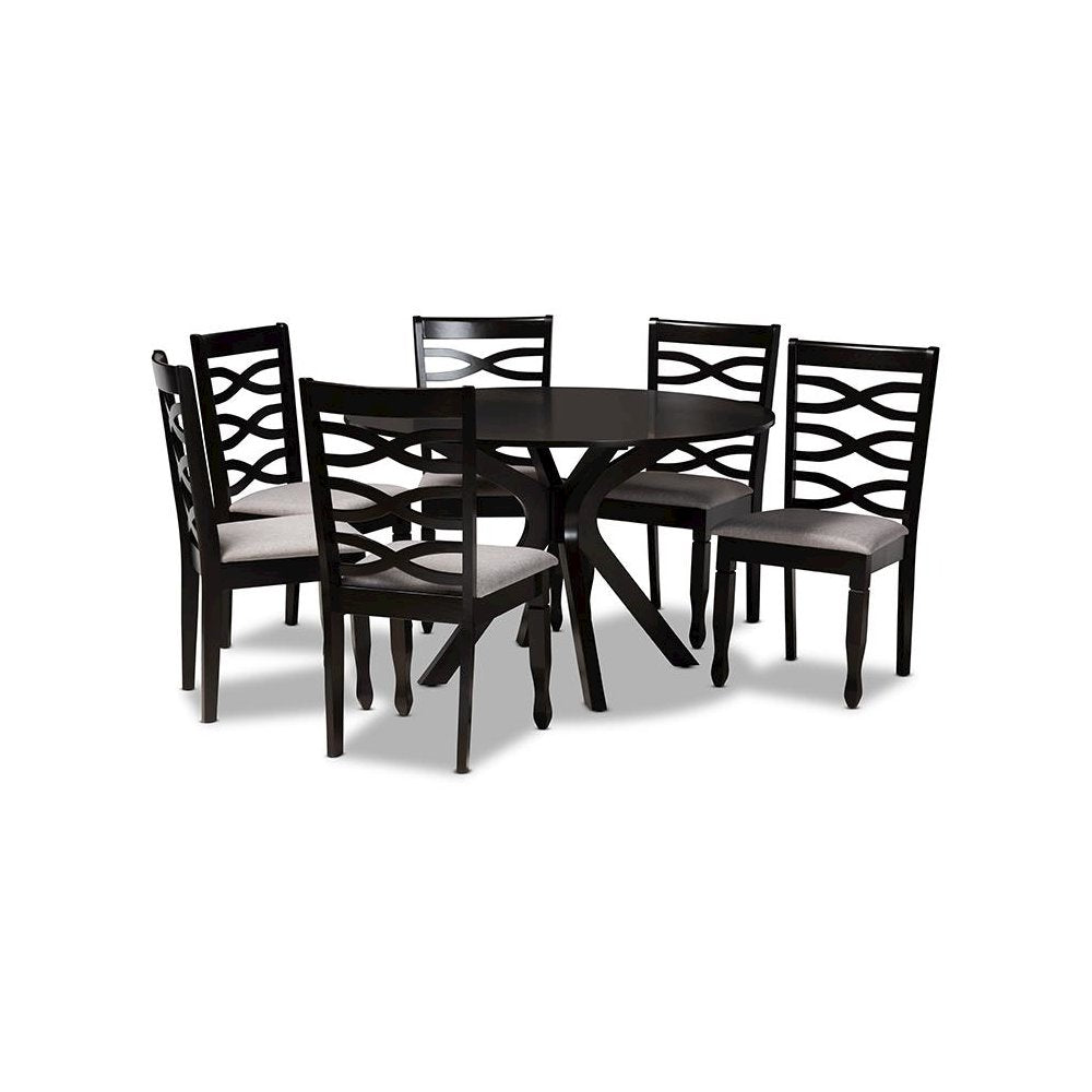 Grey Fabric Upholstered and Dark Brown Finished Wood 7-Piece Dining Set