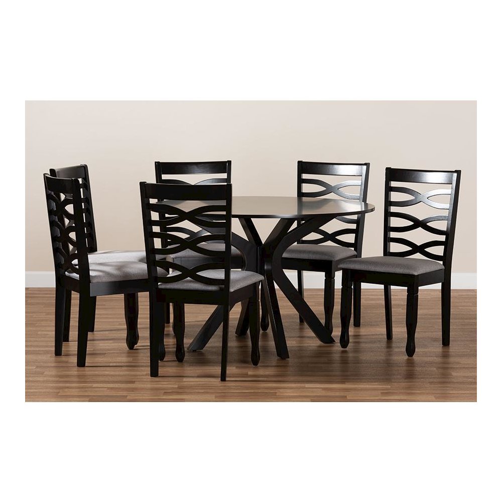 Grey Fabric Upholstered and Dark Brown Finished Wood 7-Piece Dining Set