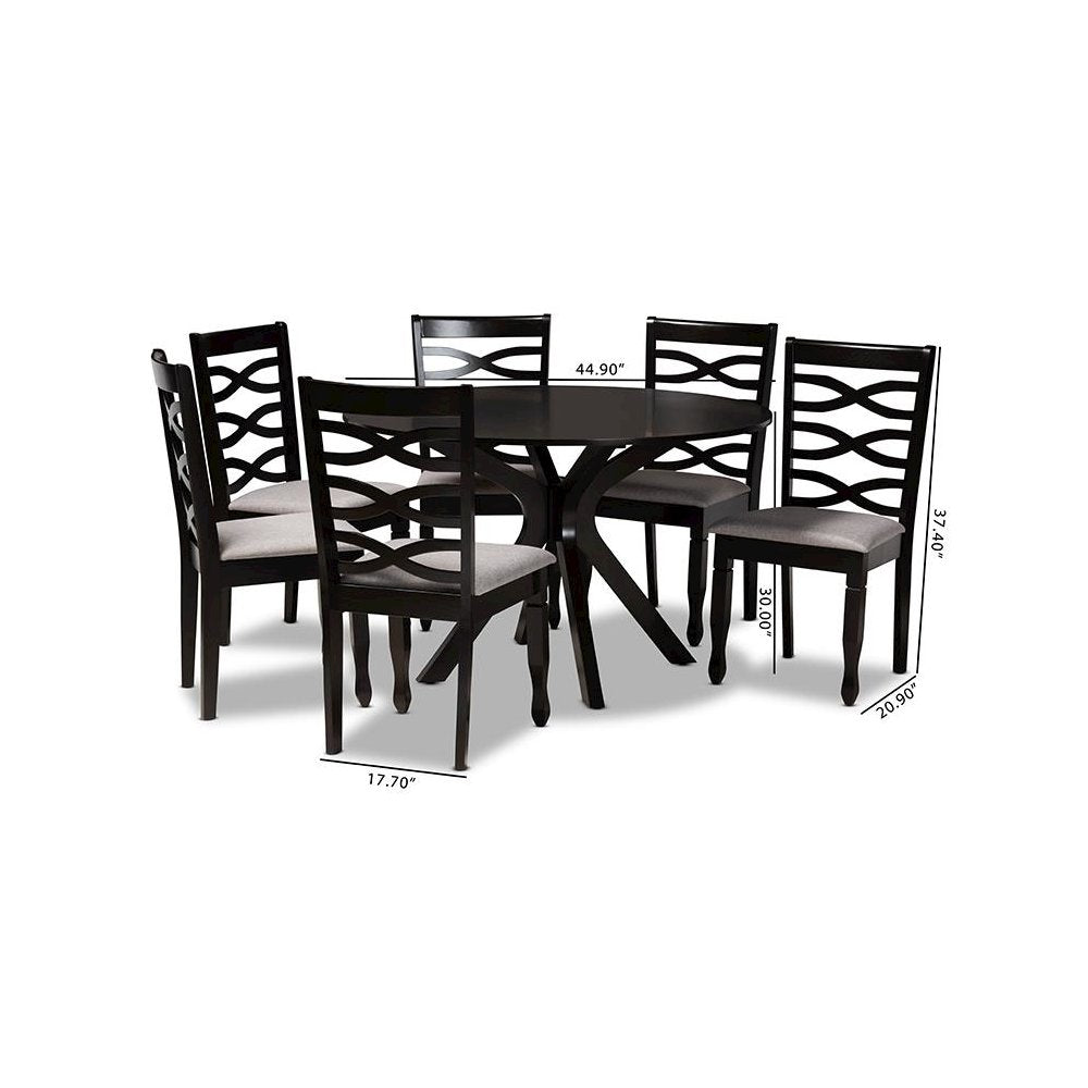 Grey Fabric Upholstered and Dark Brown Finished Wood 7-Piece Dining Set