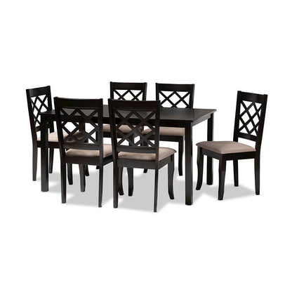 Sand Fabric Upholstered Dark Brown Finished 7-Piece Wood Dining Set