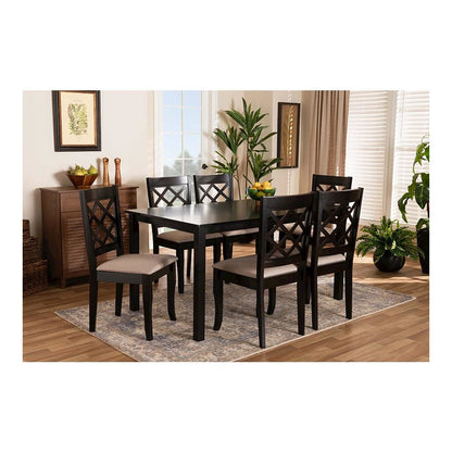 Sand Fabric Upholstered Dark Brown Finished 7-Piece Wood Dining Set