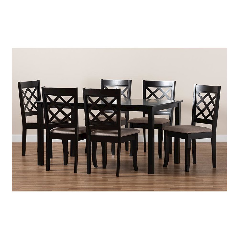 Sand Fabric Upholstered Dark Brown Finished 7-Piece Wood Dining Set