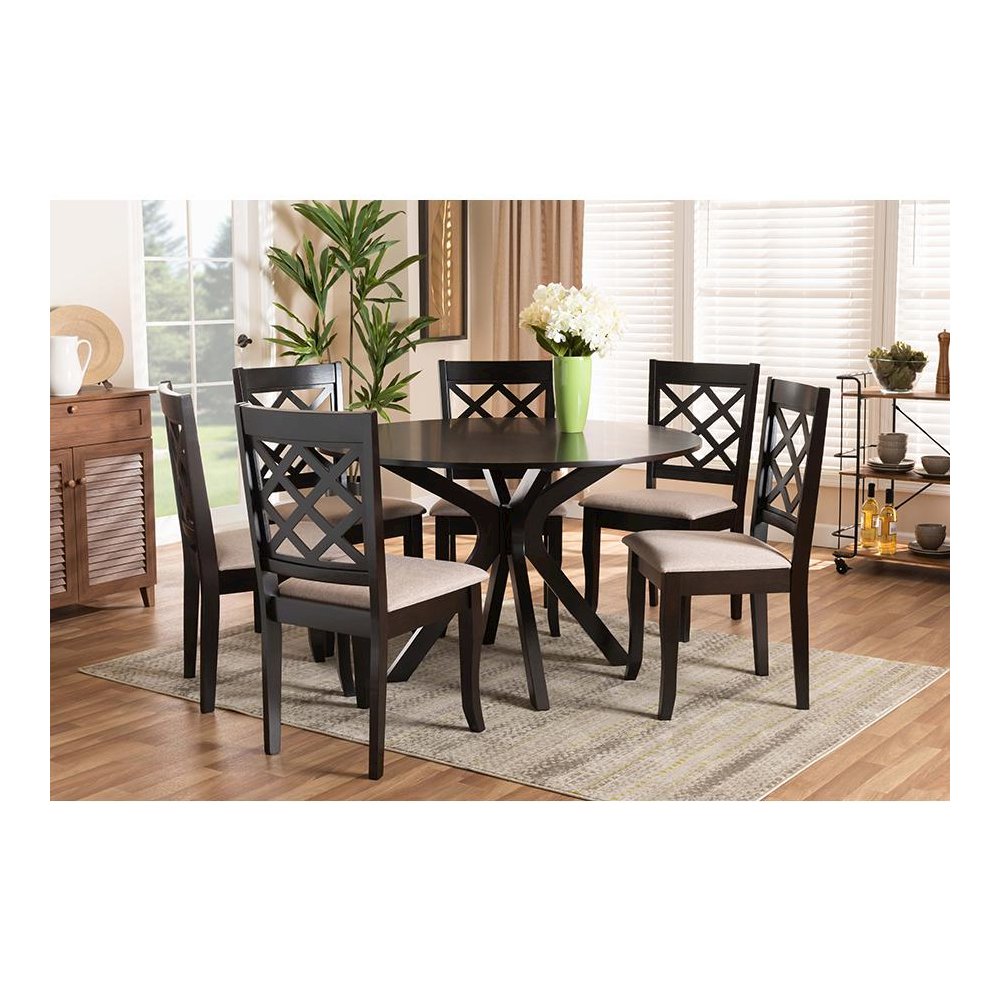 Sand Fabric Upholstered and Dark Brown Finished Wood 7-Piece Dining Set