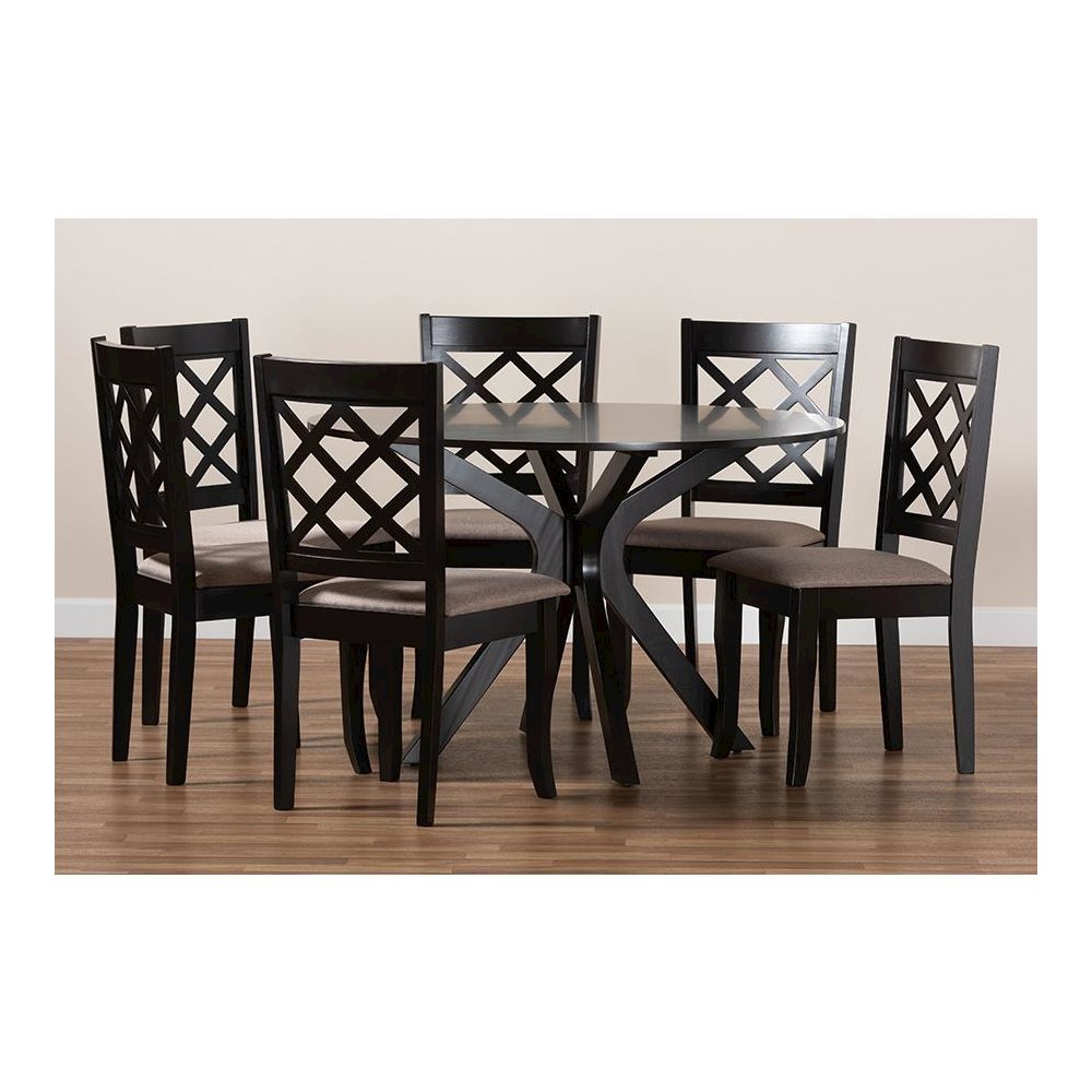 Sand Fabric Upholstered and Dark Brown Finished Wood 7-Piece Dining Set