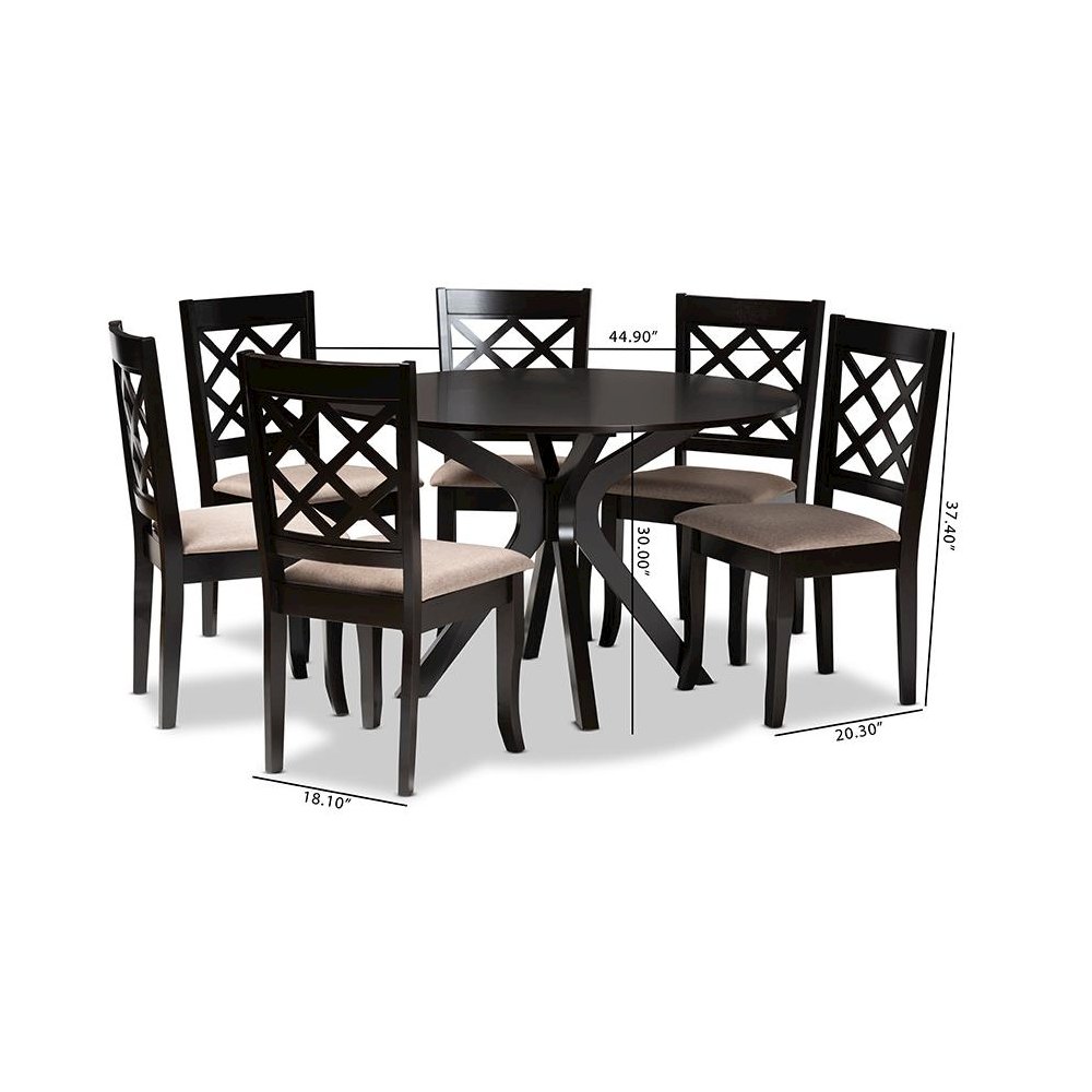 Sand Fabric Upholstered and Dark Brown Finished Wood 7-Piece Dining Set