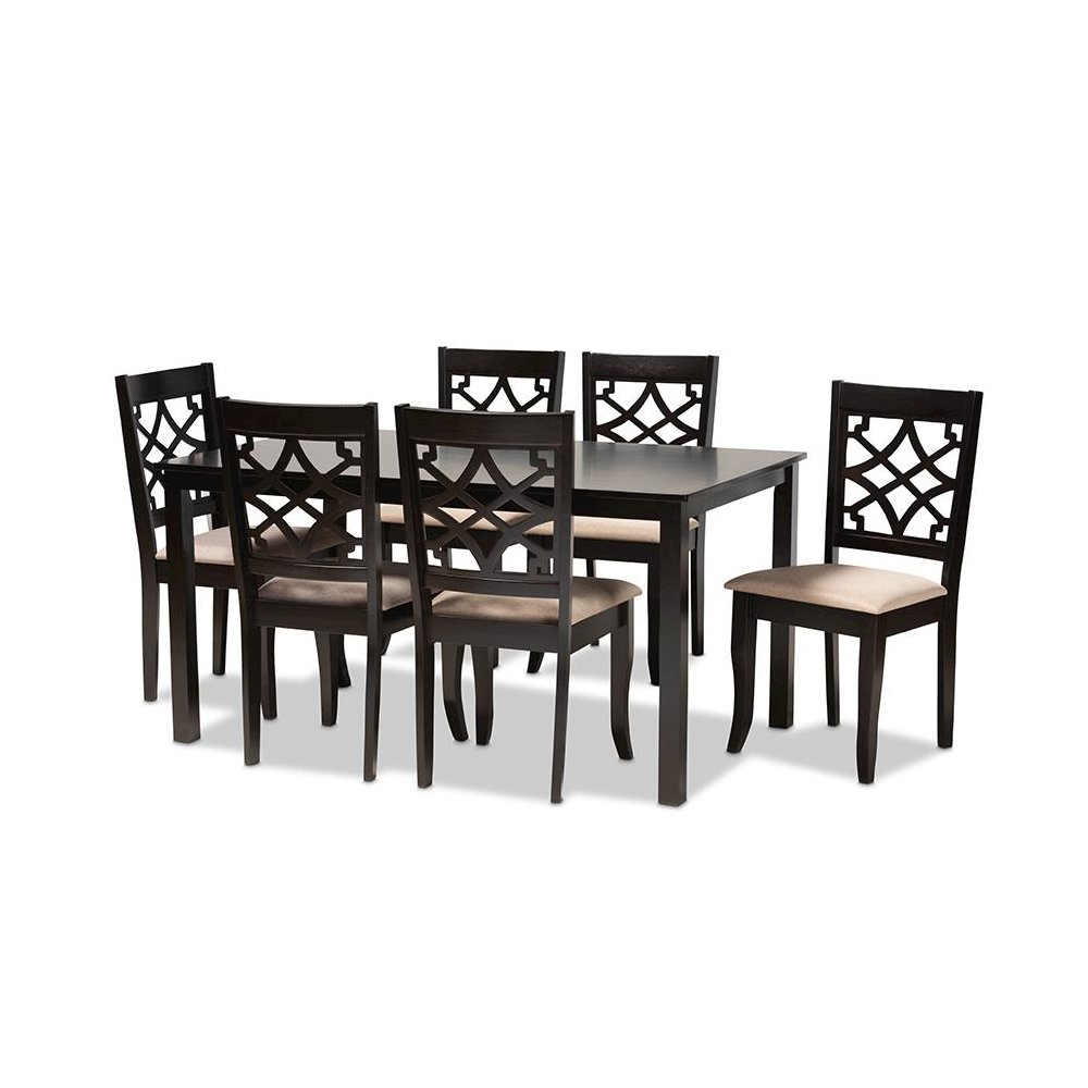 Sand Fabric Upholstered and Espresso Brown Finished Wood 7-Piece Dining Set