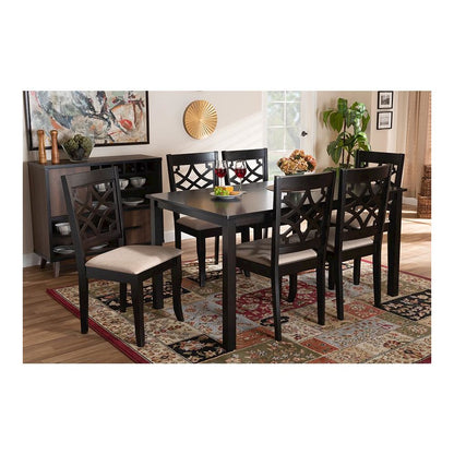 Sand Fabric Upholstered and Espresso Brown Finished Wood 7-Piece Dining Set