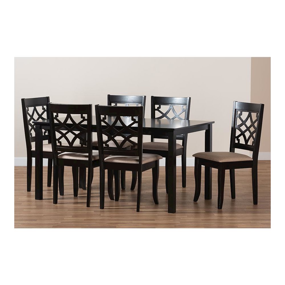 Sand Fabric Upholstered and Espresso Brown Finished Wood 7-Piece Dining Set