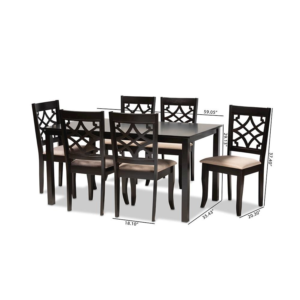 Sand Fabric Upholstered and Espresso Brown Finished Wood 7-Piece Dining Set