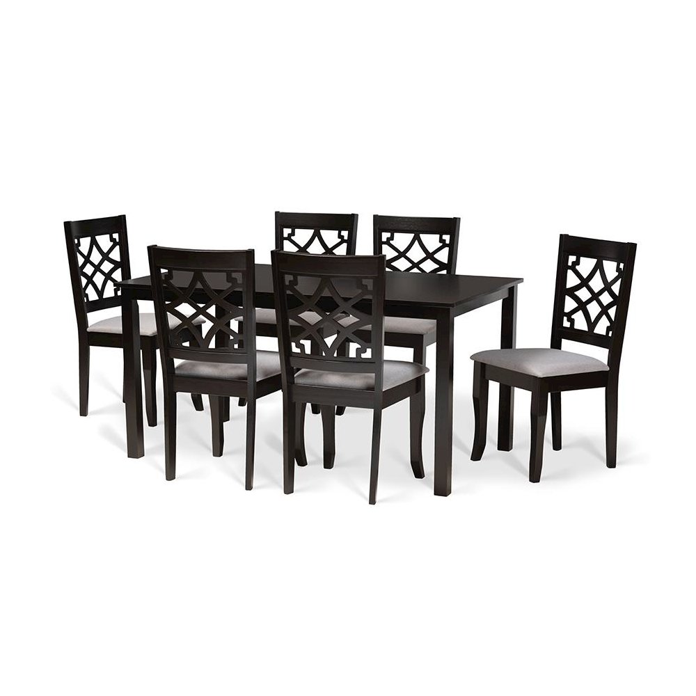 Grey Fabric Upholstered and Dark Brown Finished Wood 7-Piece Dining Set