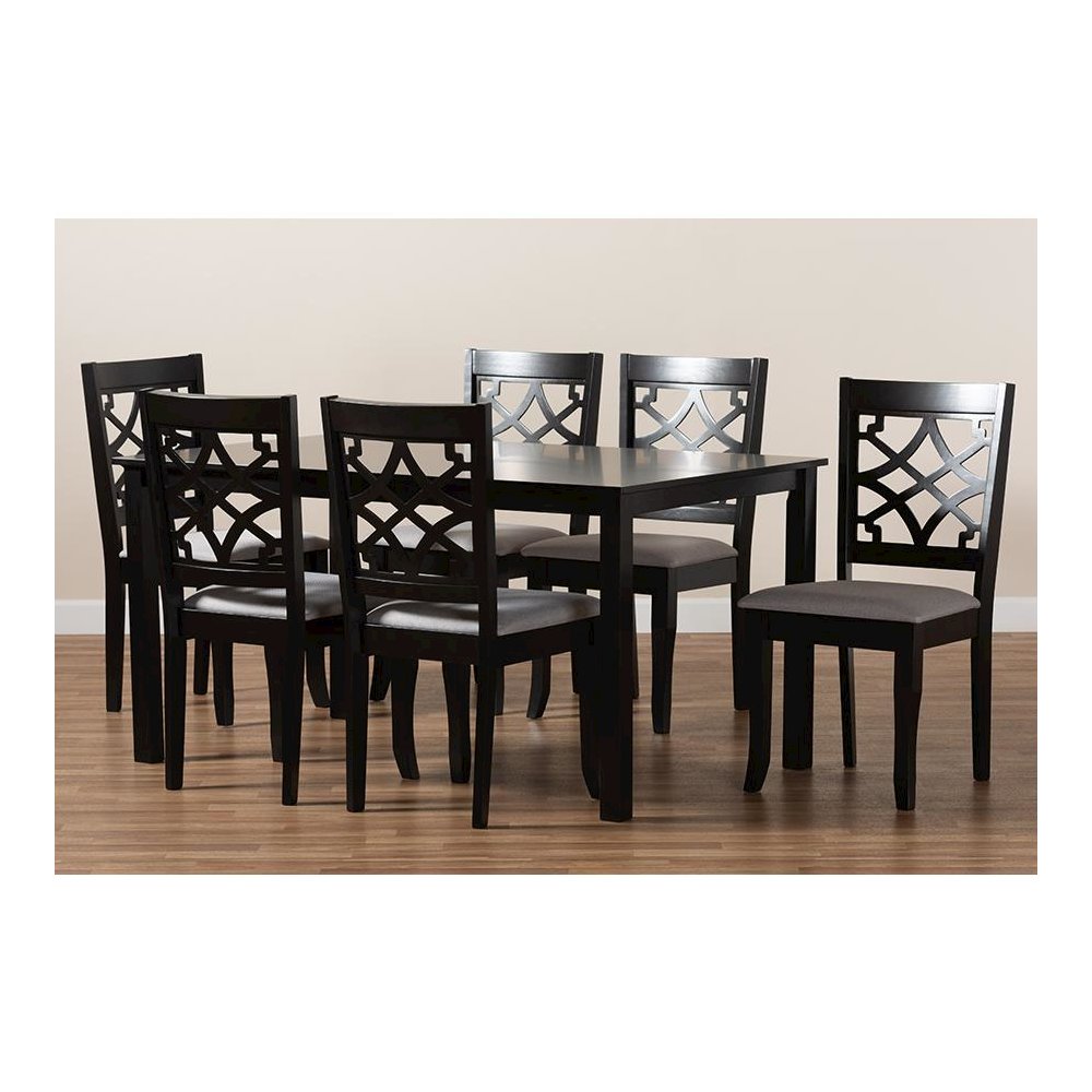 Grey Fabric Upholstered and Dark Brown Finished Wood 7-Piece Dining Set