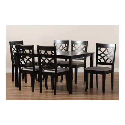Grey Fabric Upholstered and Dark Brown Finished Wood 7-Piece Dining Set