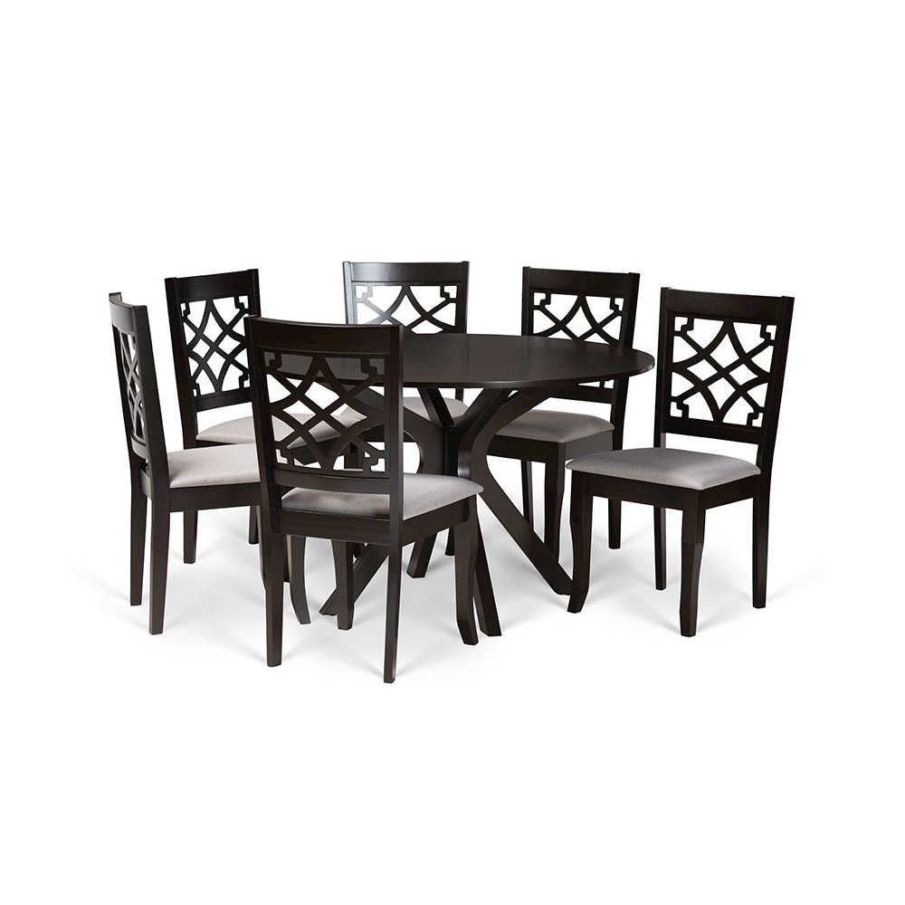 Grey Fabric Upholstered and Dark Brown Finished Wood 7-Piece Dining Set