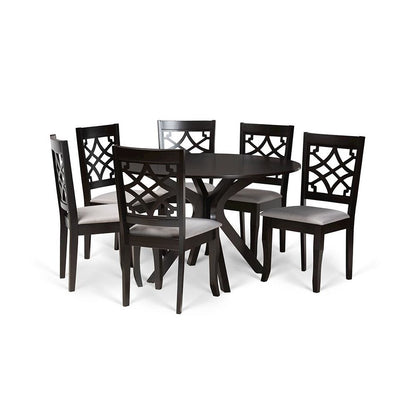 Grey Fabric Upholstered and Dark Brown Finished Wood 7-Piece Dining Set