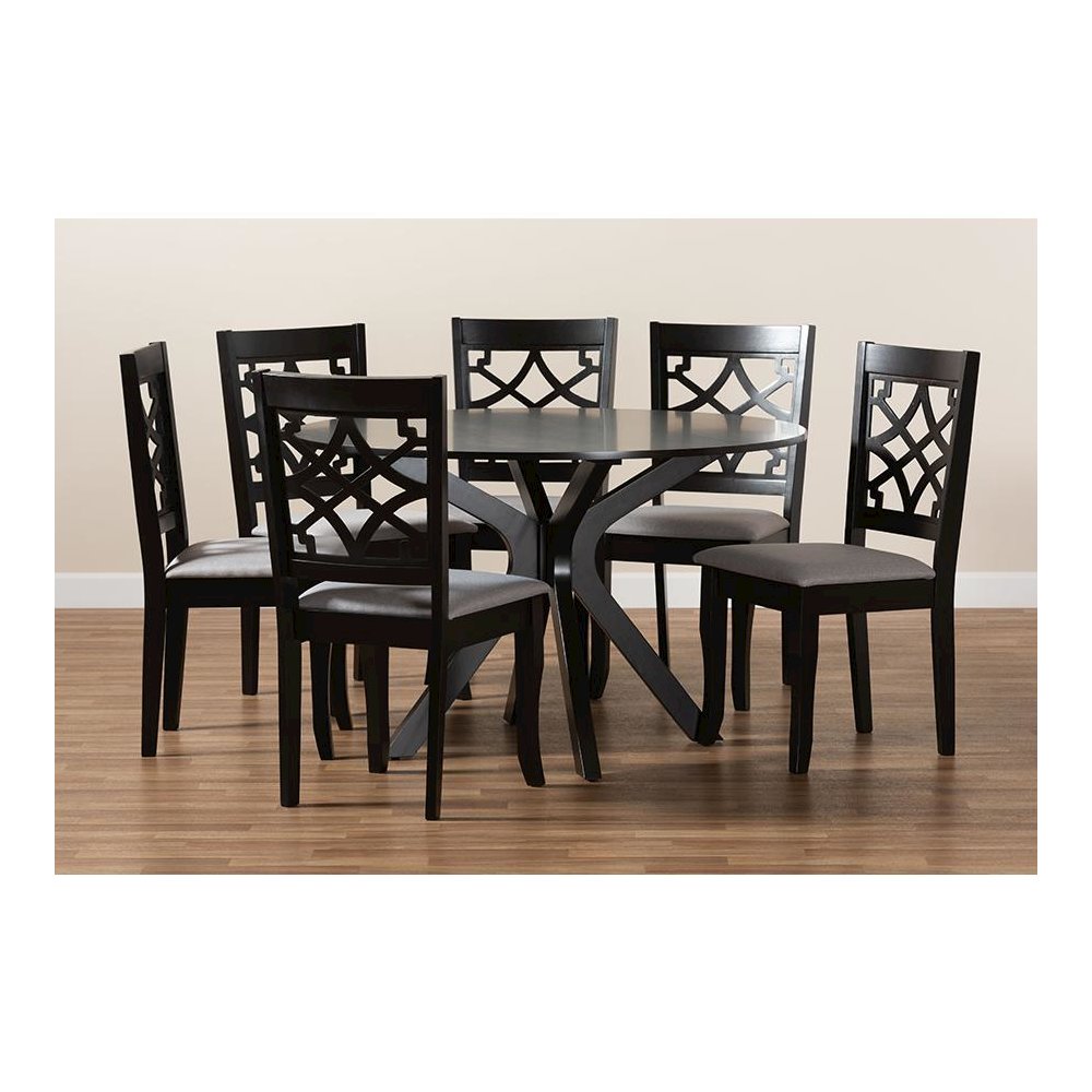 Grey Fabric Upholstered and Dark Brown Finished Wood 7-Piece Dining Set