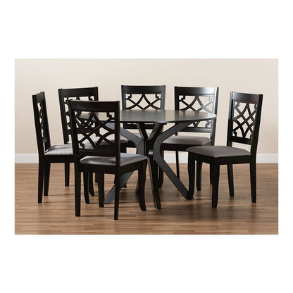 Grey Fabric Upholstered and Dark Brown Finished Wood 7-Piece Dining Set