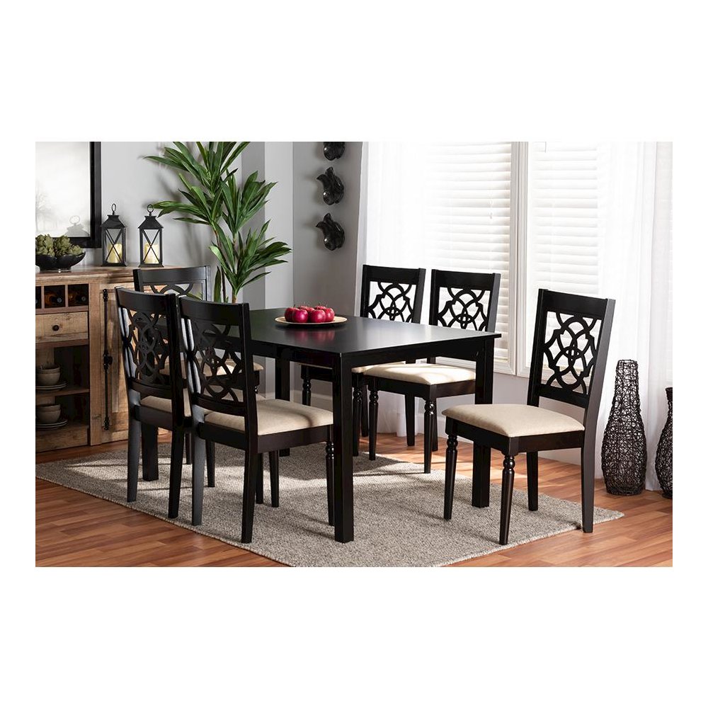 Sand Fabric Upholstered and Dark Brown Finished Wood 7-Piece Dining Set