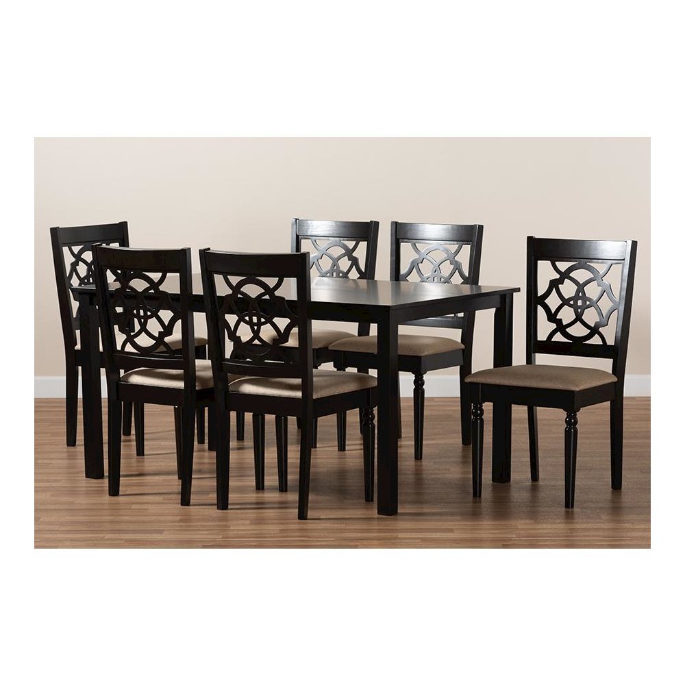 Sand Fabric Upholstered and Dark Brown Finished Wood 7-Piece Dining Set