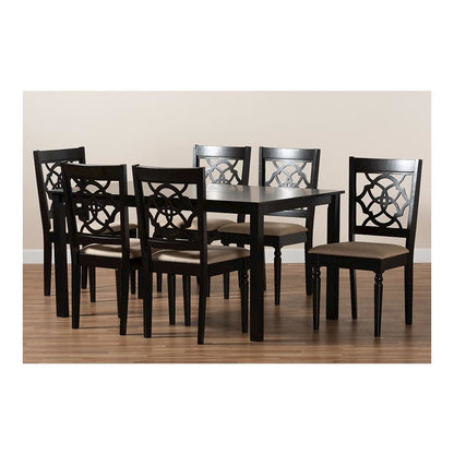 Sand Fabric Upholstered and Dark Brown Finished Wood 7-Piece Dining Set