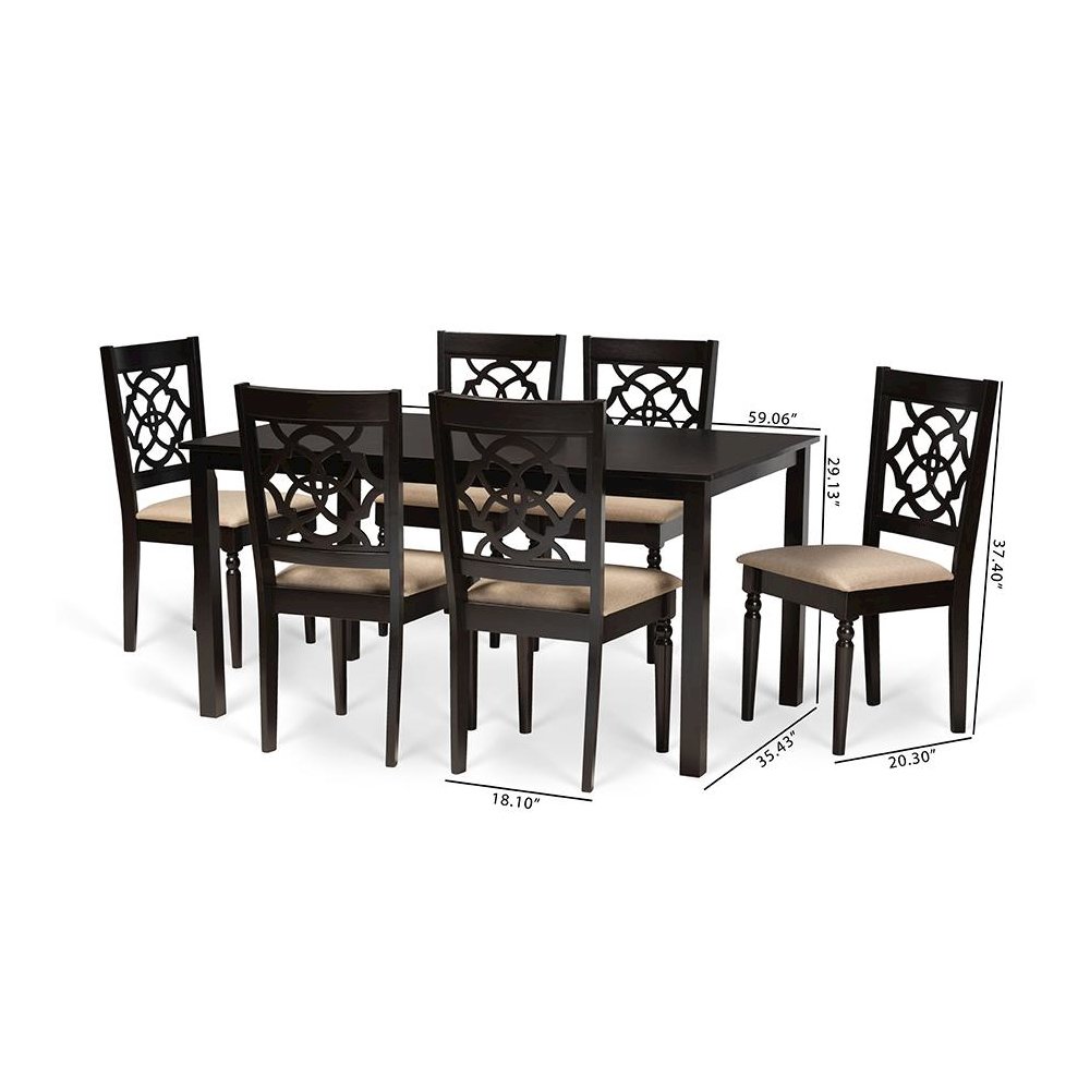 Sand Fabric Upholstered and Dark Brown Finished Wood 7-Piece Dining Set