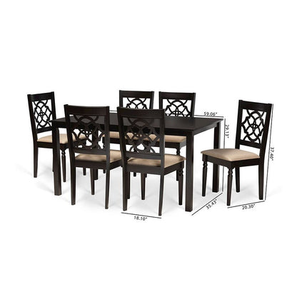 Sand Fabric Upholstered and Dark Brown Finished Wood 7-Piece Dining Set