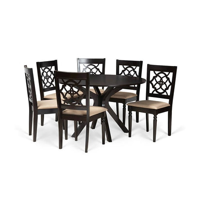 Sand Fabric Upholstered and Dark Brown Finished Wood 7-Piece Dining Set