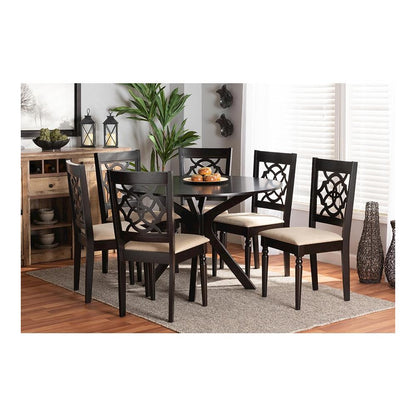 Sand Fabric Upholstered and Dark Brown Finished Wood 7-Piece Dining Set