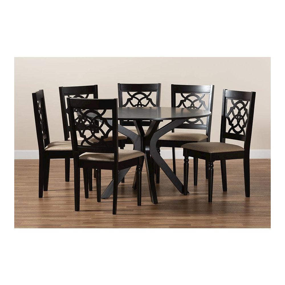 Sand Fabric Upholstered and Dark Brown Finished Wood 7-Piece Dining Set