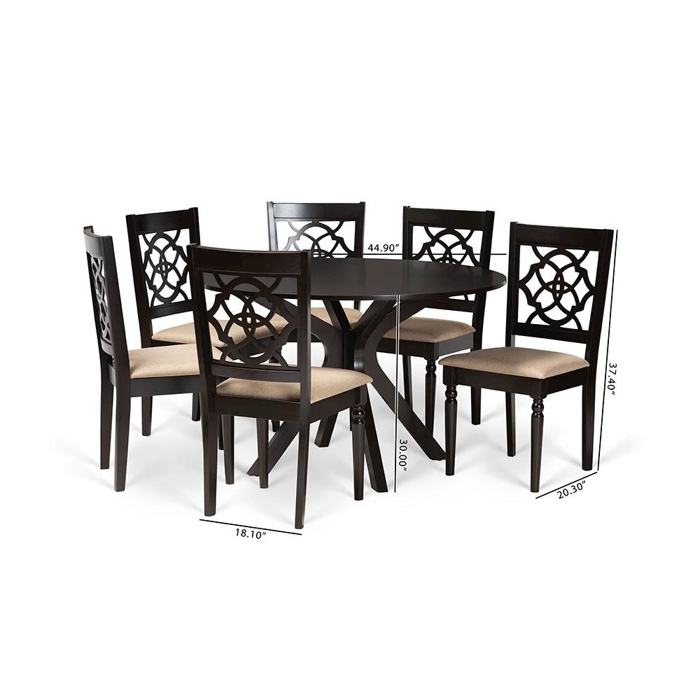 Sand Fabric Upholstered and Dark Brown Finished Wood 7-Piece Dining Set