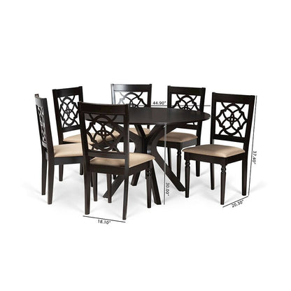 Sand Fabric Upholstered and Dark Brown Finished Wood 7-Piece Dining Set