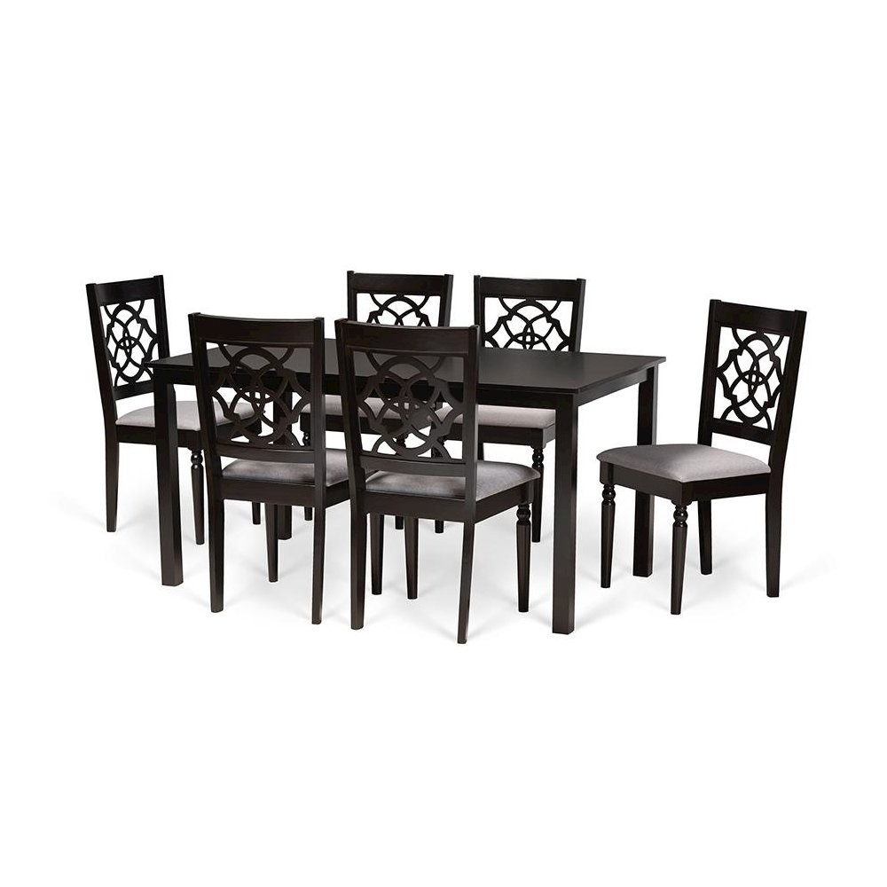 Grey Fabric Upholstered and Dark Brown Finished Wood 7-Piece Dining Set