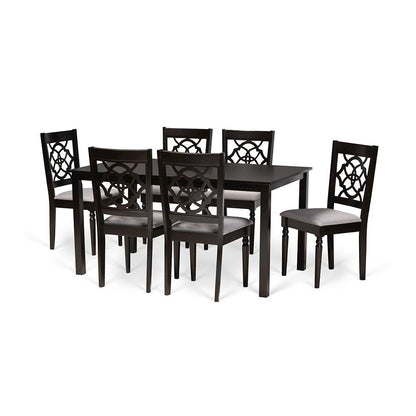 Grey Fabric Upholstered and Dark Brown Finished Wood 7-Piece Dining Set