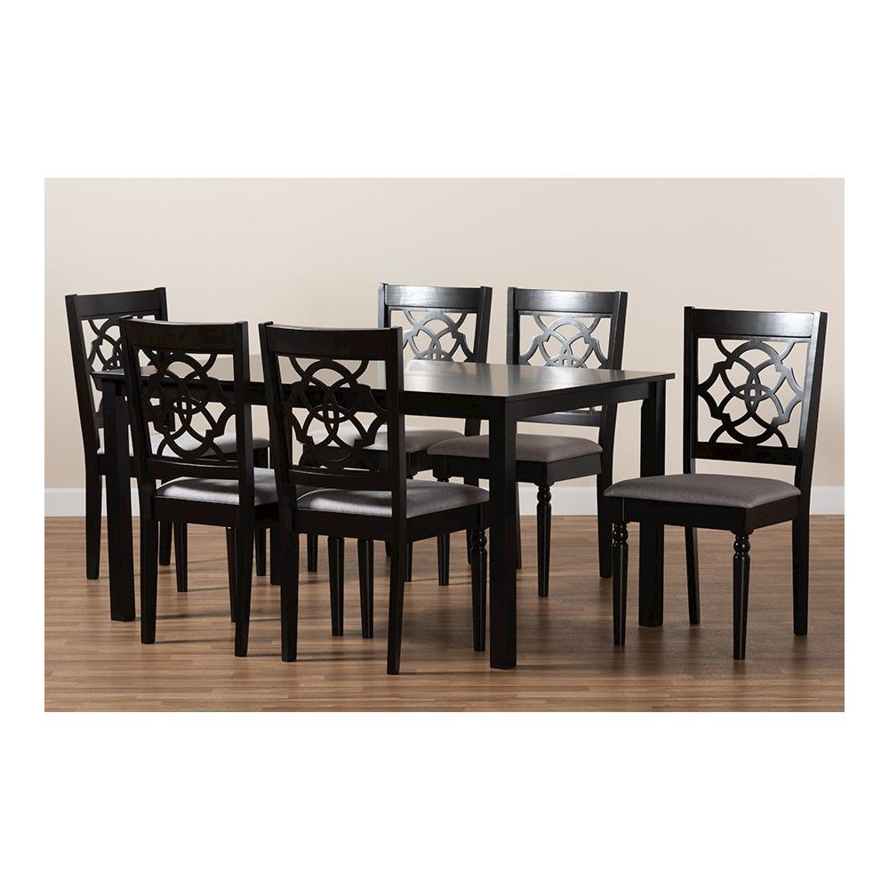 Grey Fabric Upholstered and Dark Brown Finished Wood 7-Piece Dining Set